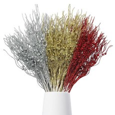 크리스마스 트리 피크 장식 24개 43.2cm(17인치) 인공 글리터 컬리 베리 스템 가짜 캔디 피크 장식품 나뭇가지 크리스마스 트리 토퍼 홈 리스 공예 꽃병 필러 장식 (레, 레드 골드 실버
