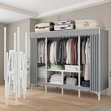 FOWOD 접이식 철제 비키니옷장 설치없는 간이 드레스룸 원룸 옷정리 수납장, 회색