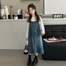 AURALA 여아 데님 멜빵 스커트 봄 패션 캐주얼 빈티지 소프트 버튼 장식 루즈핏 미디스커트