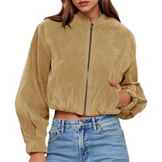 Tankaneo 여성용 인조 스웨이드 봄버 재킷 크롭 트렌디 캐주얼 집업 경량 코트 오버사이즈 스프링 아우터 블랙. M