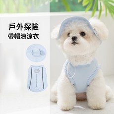 DFMEI 狗狗衣服春夏戶外防曬帶帽涼涼衣小型犬泰迪比熊薄款透氣寵物背心, 1個, 藍色防曬衣丨背心