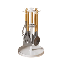 旋轉鍋鏟架 檯面廚房置物架 廚具收納架 鍋鏟湯勺收納架 免打孔瀝水餐具架, 1個, Wyl臺式旋轉鍋鏟架-白色, 白色