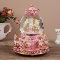 旋轉木馬水晶球音樂盒，情侶情人節禮品，聖誕節兒童生日禮物, （八马八音盒）飘雪花+七彩灯旋转机械,2.00