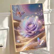 보석십자수 액자형 황금빛 사막 보라색 장미꽃과 예쁜 나비 비즈 액자 포함 세트, 1개, 32x42cm