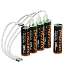 PHOMAX 고용량 AA 1.5V 3400mWh 충전배터리 USB 직접충전 배터리 타입C 케이블 포함 충전식 건전지, 1개, 6개입