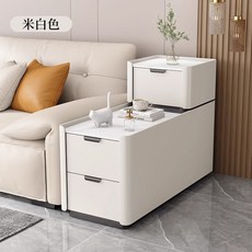 實木沙發邊櫃 輕奢風床頭櫃 小戶型夾縫儲物櫃 現代簡約邊几 多尺寸可選, 1個, 米白色（全實木+貓抓皮+岩板）,35*80*77（整裝出貨。到貨即可用）