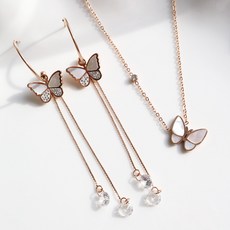 NOID-B 鋼製珍珠貝蝴蝶造型項鍊耳環 白色 2件組