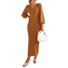 PRETTYGARDEN 여성용 가을 니트 풀오버 스웨터 드레스 우아한 롱 랜턴 슬리브 브이넥 겨울 맥시 바디콘 드레스 낙타