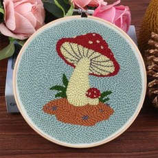 프린트 패턴 천 매뉴얼이 있는 스타터 키트용 쉬운 소형 DIY 크래프트 펀치 바늘 자수 키트 러그나사산 팩 니들 펜 15cm 후프빨간 버섯
