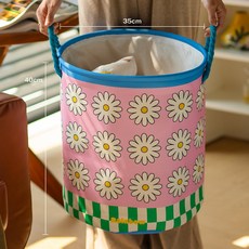 이지몰 꽃무늬 원형 세탁 바구니 패브릭 빨래통 접이식 수납함, 핑크 플라워