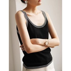 Yellwel 여름용 무지 배색 멜빵 등끈 티셔츠 오픈 숄더 무소매 상의 DJP