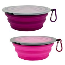 중형 접이식 개 그릇 23 2팩 휴대용 및 애완동물 여행용 2개와 고양이 작은 동물용 뚜껑(퍼플 핑크 650ml)