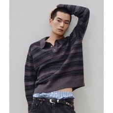 르아르 LEIRE 유튜버 PICK 스트라이프 브러쉬 카라 크롭 니트 차콜 네이비 ST