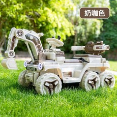 KANGSHUAI 雙人兒童電動挖土機玩具車, 標配 奶咖色 一 12v4.5電瓶雙驅動 早教燈光, 1個