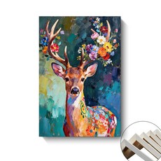 麋鹿裝飾畫 彩色鹿花卉掛畫 客廳餐廳臥室適用 噴繪帆布畫, 內框畫C,35x50cm