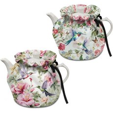 단열 주전자 커버 티포트 코지 주방 티팟 먼지 아침 식사 냄비 워머 커버고무밴드 포함 벌새와 꽃 프린트, 분홍 꽃 허밍버드