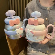 배불뚝이 빨대컵 대용량 빨대 여자 테이블 물컵 손잡이 학생컵, 800L, 1개, (핑크 체리)조개 플라스틱 컵