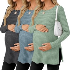 Ficerd 3팩 여성용 임산부 셔츠 긴소매 골지 임산부 스웨터 스쿱넥 슬릿 사이드 니트 티 엄마 의류 라이트 그린 블루 다크 그레이 M