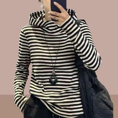 빅사이즈 여자룩 봄 가을 스트라이프 단가라 줄무늬 루즈핏 오버핏 얇은 긴팔 후드 맨투맨 후드티 여성