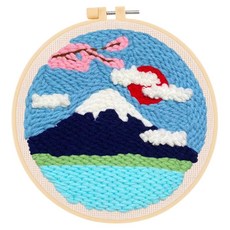 투데이리빙 DIY 펀치 니들 자수 세트 초보자 힐링 취미 뜨개질 만들기 감성 털실 펀칭 공예 십자수 키트 귀여운 원형 소품 액자 프레임, 후지산풍경, 1세트