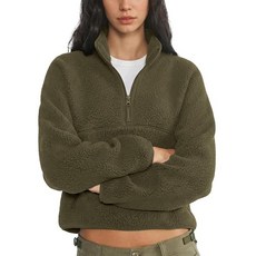 Yioaga 여성용 플리스 스웨트셔츠 크롭 긴소매 하프 지퍼 풀오버 셰르파 재킷 주머니가 있는 따뜻한 퍼지 코트