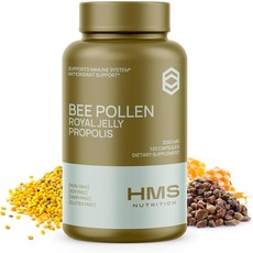 HMS 뉴트리션 비 꽃가루 3250mg - 120개 채식 캡슐 + 프로폴리스 & 로얄 젤리 블렌드 고효능 일일 면역 및 웰빙 지원 비변형식품Non-GMO 필러 없음