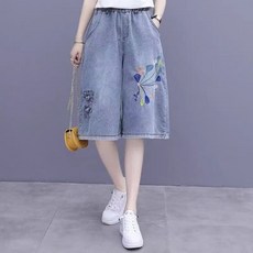 용태원 여름 빈티지 자수 데님 7부 팬츠 여성 빅사이즈 하이웨스트 와이드 청반바지 Y260-3247