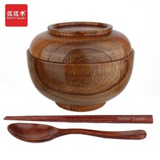 熱銷 復古風手工整木實木木頭套碗 多用碗兒童碗 奶茶碗 泡麪木碗帶蓋 木碗, 整木約直徑16高10釐米+勺筷S, 1個