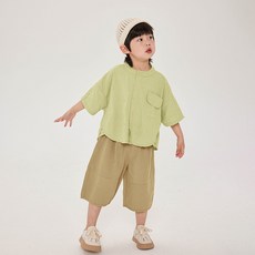 兒童圓領翻蓋口袋短袖襯衫 100%純棉薄款韓版