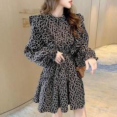 ORZQU 봄 여성 하이웨스트 퍼프 소매 긴팔 플라워 미니원피스