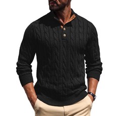 Askdeer 남성용 케이블 니트 풀오버 스웨터 스탠드 칼라 버튼 클래식 캐주얼 스웨터 헨리 니트 풀오버 A01 블랙 라지