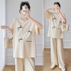 패션 임부복 상하의 세트 봄 여름 캐주얼 루즈핏 임산부 티셔츠 상의 + 와이드 팬츠 슬림핏 투피스 WMY