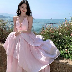 泰國旅遊穿搭海島風生態棉海邊度假掛脖露背連衣裙沙灘裙