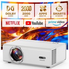 WiFi 블루투스가 지원되는 스마트 프로젝터 Proyector-4K 앱 2000 ANSI/AI 오토 포커스/50W 돌비/HDR10+/조용 Kogata 휴대용 실내/외 영화 천장, 화이트
