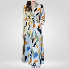 LETEO-협력업체 브이넥 랩디자인 허리끈 롱원피스 예쁜 컬러 단정한원피스 하늘하늘한원피스 프린트 오피스룩원피스