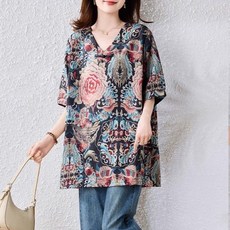 ORZQU 봄가을 여성 패션 트렌디 루즈핏 캐주얼 셔츠 스타일 반팔 브이넥 스냅 프린트 슬림핏 빅사이즈 개량한복 상의