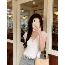 레이스 반팔 크롭티 여성 브이넥 슬림핏 데일리 티셔츠