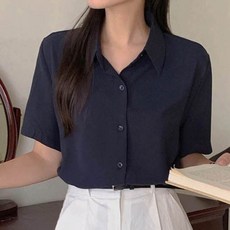 구김없는셔츠 반팔 여자 블라우스 여름 찰랑이는 남방 여성 셔츠 네이비 브이넥 핑크 구김없는