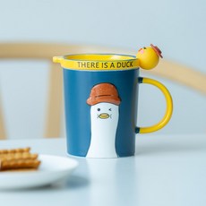 마리아즈시크릿 오리 머그 세트 (머그컵+뚜껑+티스푼), 블루, 1개, 블루