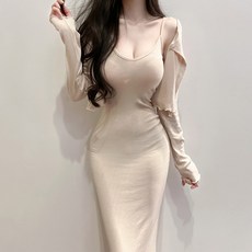 설온 여성 딱 붙는 나시 원피스 긴팔 가디건 세트
