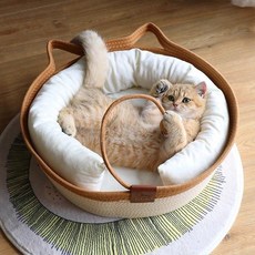 고양이 바구니 원형 숨숨집 냉방 집 라탄 오픈형, S 15cm [1.5kg 이하], 1개, 로프 카키 매트 + 베개 가을겨울용