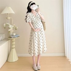 자칠 여성용 임산부 여름 프렌치 슬림핏 도트 V넥 반팔 A라인 원피스