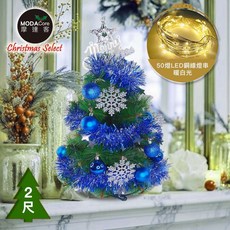 摩達客 2尺歐式松針葉聖誕樹 配件組 50燈LED銅線燈串暖白光 USB電池盒兩用充電, 北歐幻藍銀雪系