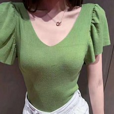 이노뱅크 INO531A 여성 깊은 브이넥 숄더 프릴 셔링 골지 반팔 니트