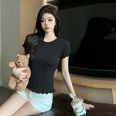 해피유통러블리 프린팅 프릴 라운드넥 크롭 반팔 티셔츠 여성 슬림핏 여름 상의