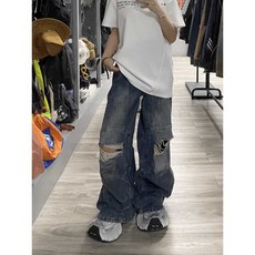데님팬츠 빈티지 데미지 와이드 하하 바지 런닝맨 남녀공용 728 힙합캐주얼, 1개, 3XL(빅사이즈) 블루