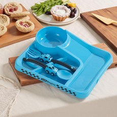 兒童餐具三件套，汽車主題分隔餐盤、叉子、湯匙，適合兒童的趣味用餐體驗, 藍色, 1個