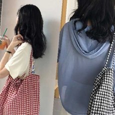 격자무늬 천 소재 어깨 메고 다니는 장보기 외출 휴대 수납 가방 가벼운 접이식