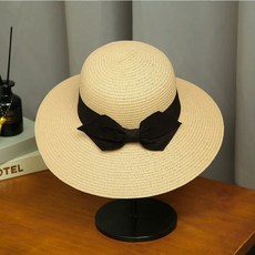 리본밀짚모자 여성 라탄 카키 비치 화이트 핑크 여행용 바캉스 베이지 레드 옐로우 네이비, H. 손려 동복 베이지색