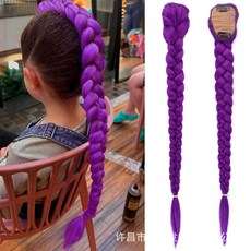 Kpop 獵魔女團魯米紫色馬尾辮子假髮 彩色麻花辮接髮, 深紫色, 1個